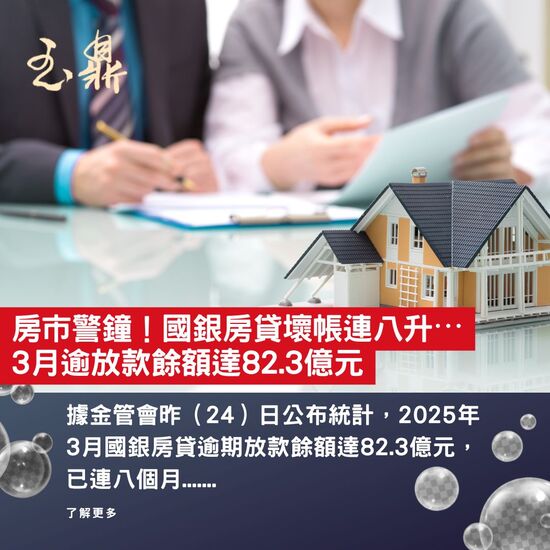 【新聞分享】房市警鐘!國銀房貸壞帳連八升⋯3月逾放款餘額達82.3億元